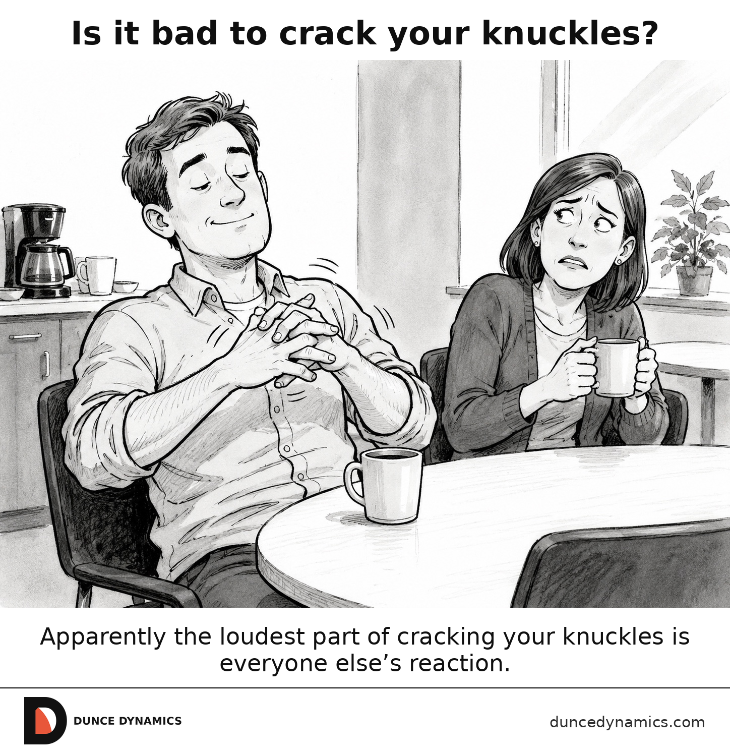 Black-and-white editorial cartoon of a relaxed man cracking his knuckles at a break-room table while a nearby woman holding a mug looks worried.