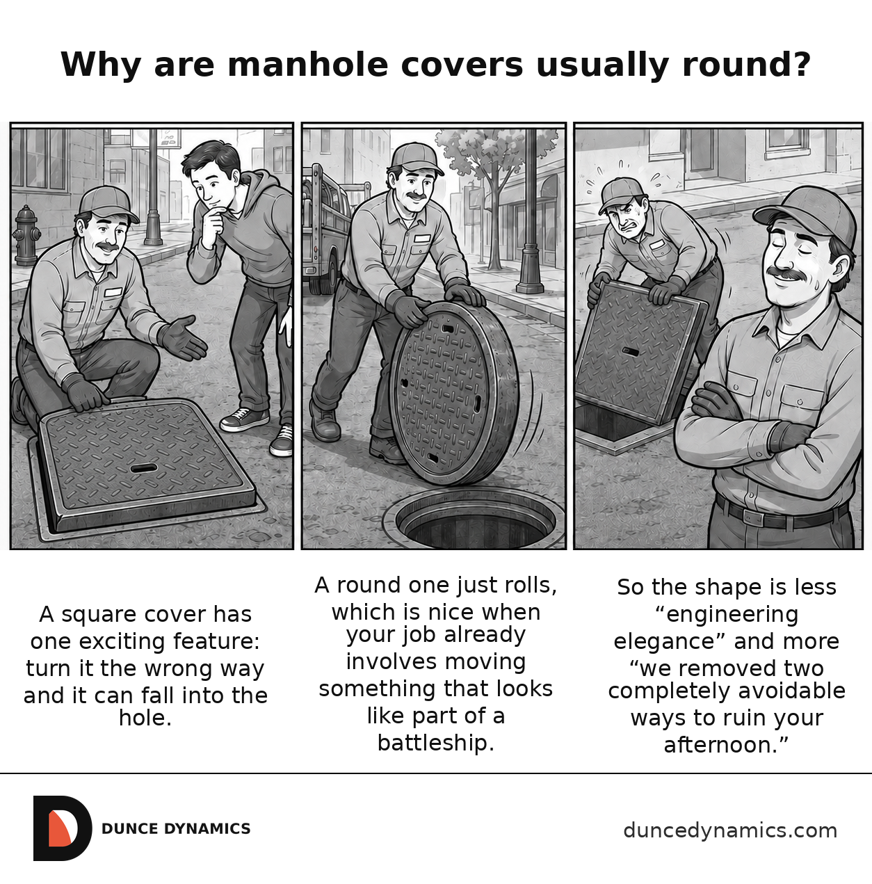 Three-panel grayscale comic in which workers compare square and round manhole covers, then roll the heavy round cover beside an open manhole.