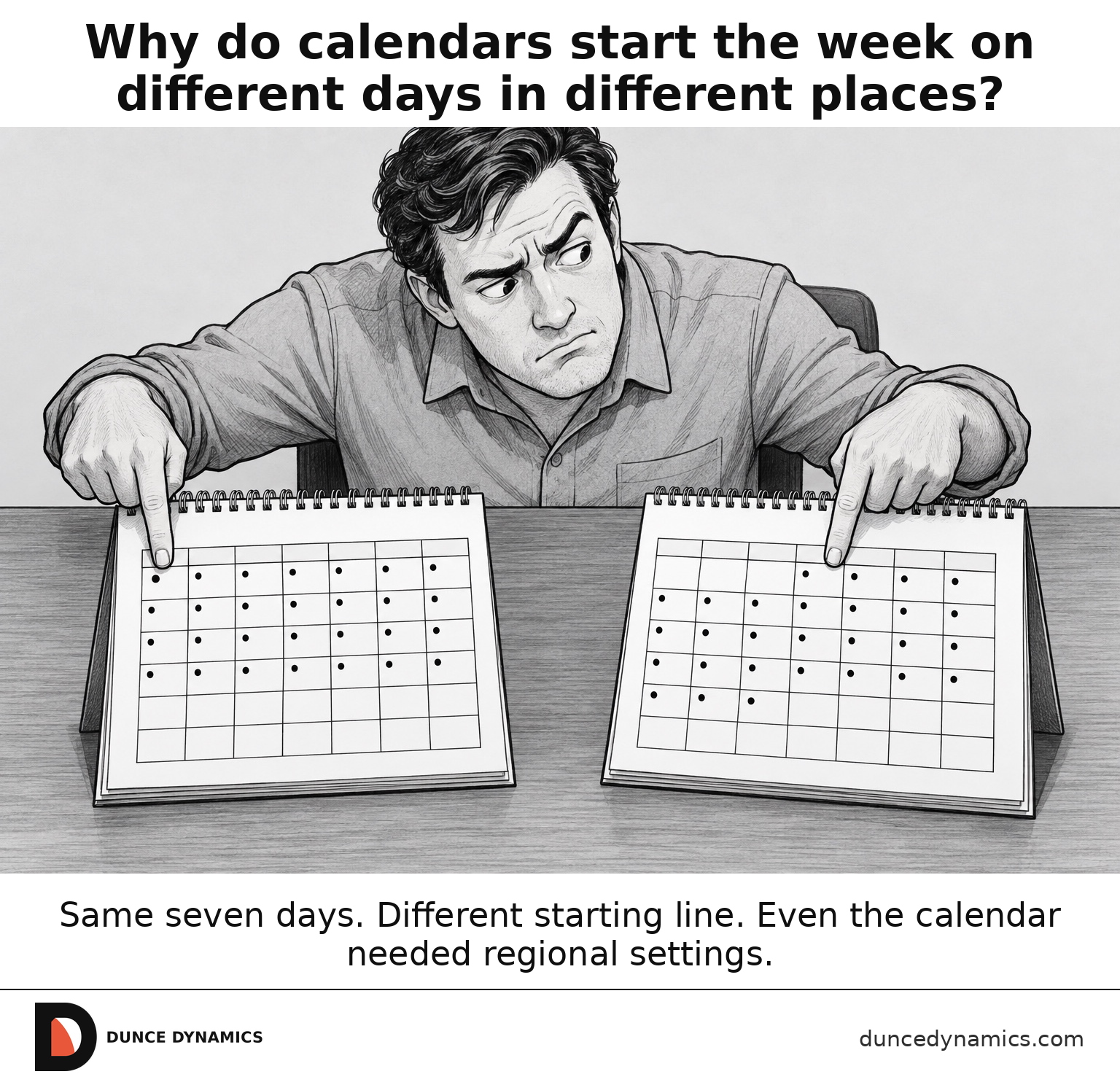 Black-and-white cartoon of a puzzled man comparing two spiral-bound monthly calendars that show the same 28-day month starting in different columns.