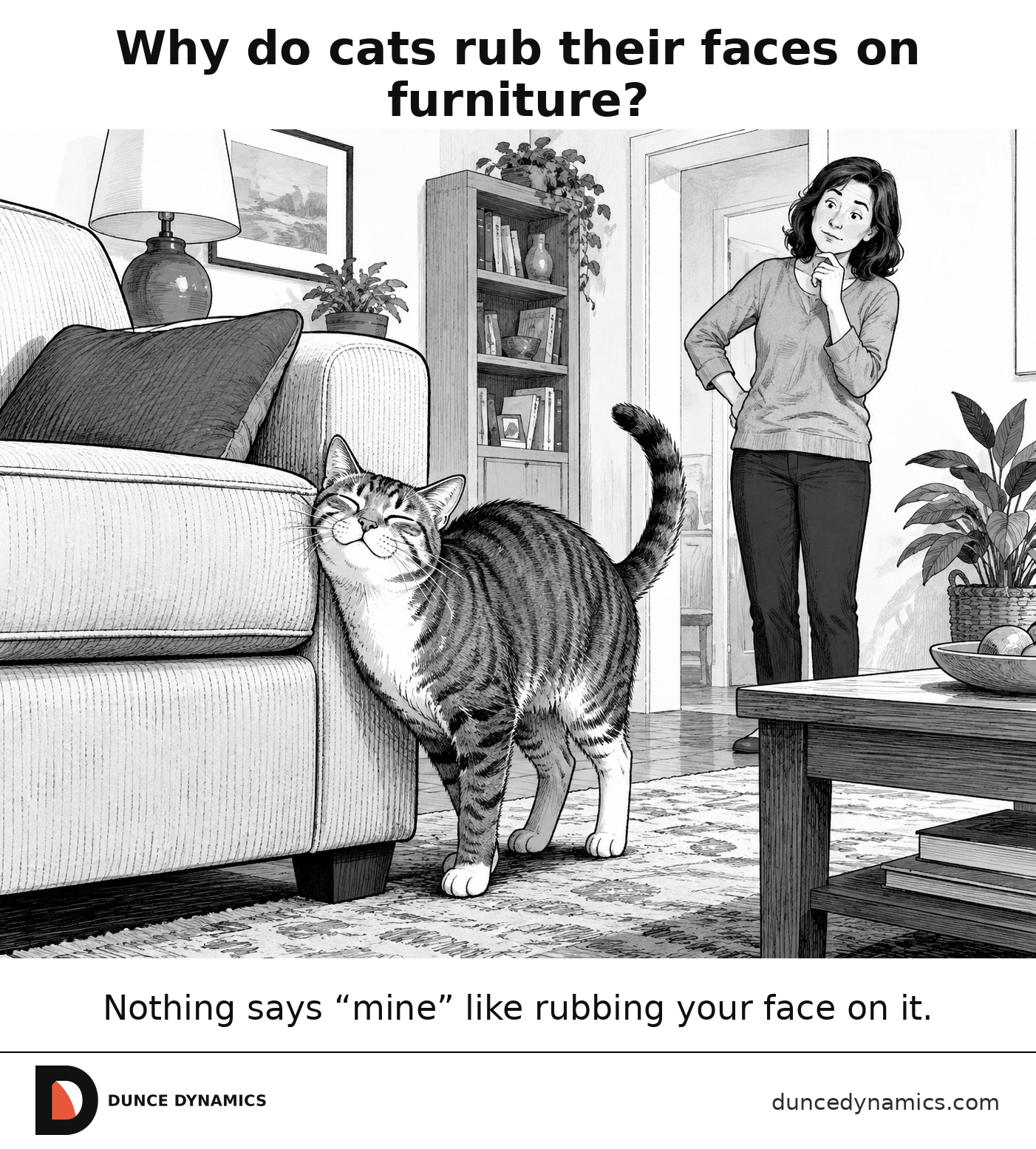 A cat rubs its cheek along the corner of a sofa while its owner watches with a puzzled expression.