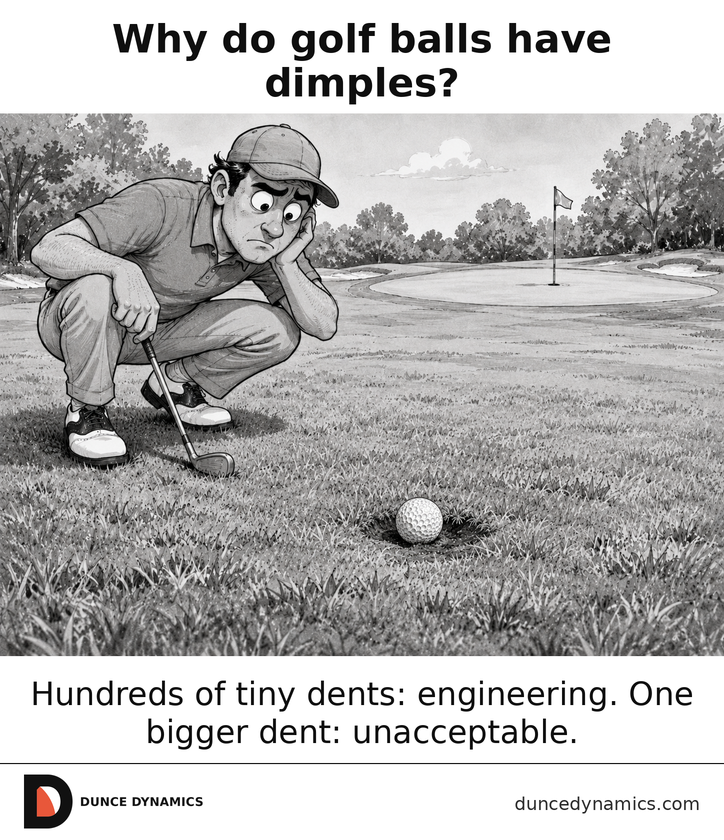 Black-and-white comic of a golfer crouching to inspect a dimpled golf ball on the green.