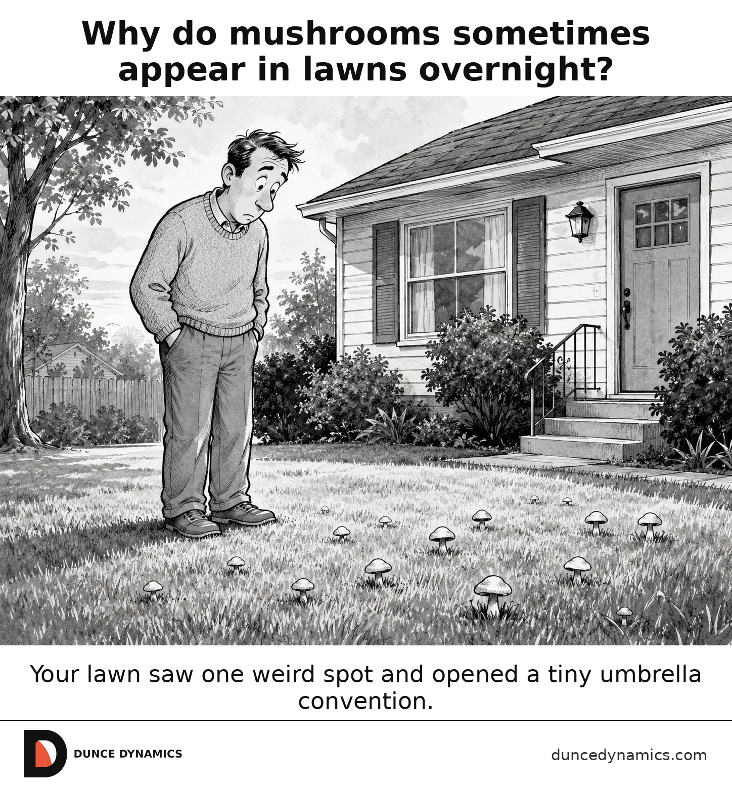 A homeowner looks down at a residential lawn dotted with clusters of mushrooms.