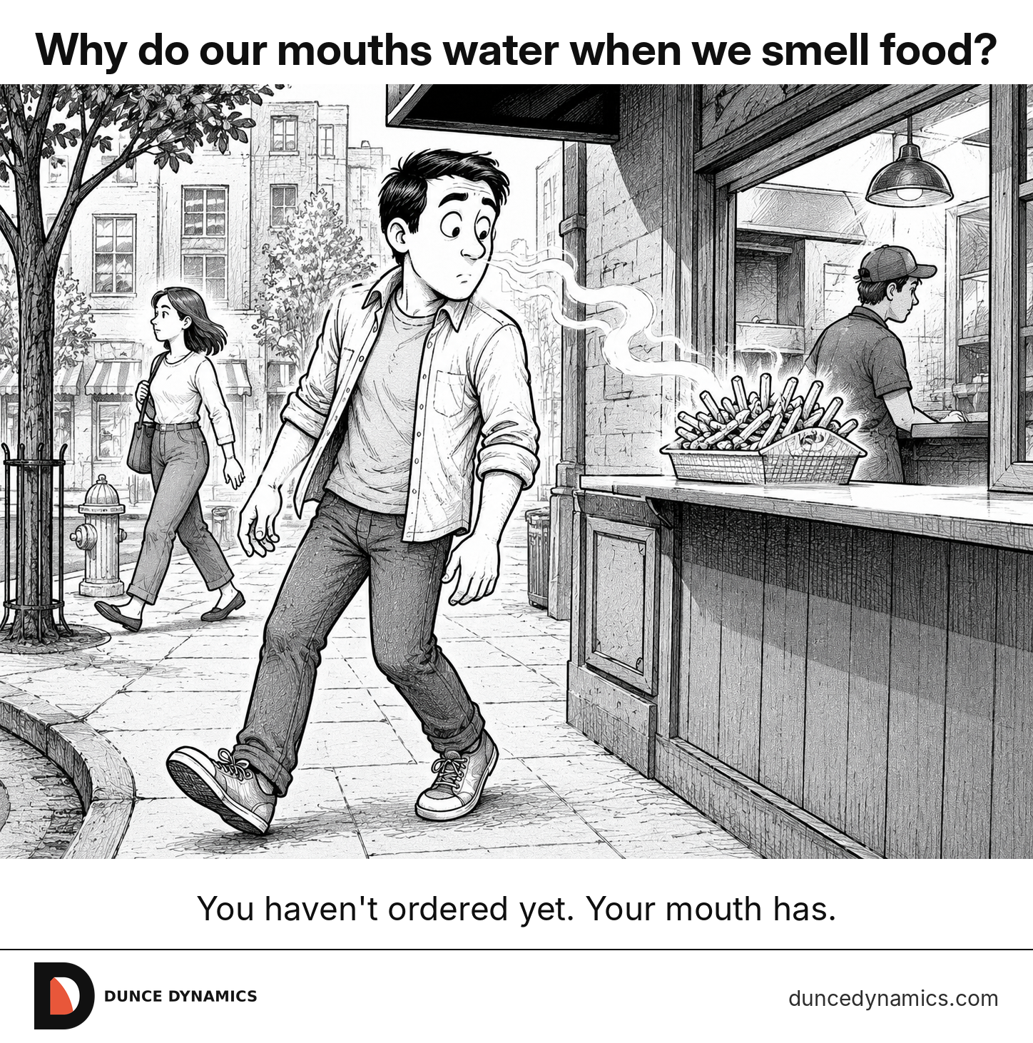 Black-and-white comic of a passerby turning toward the aroma from a street food counter before ordering.