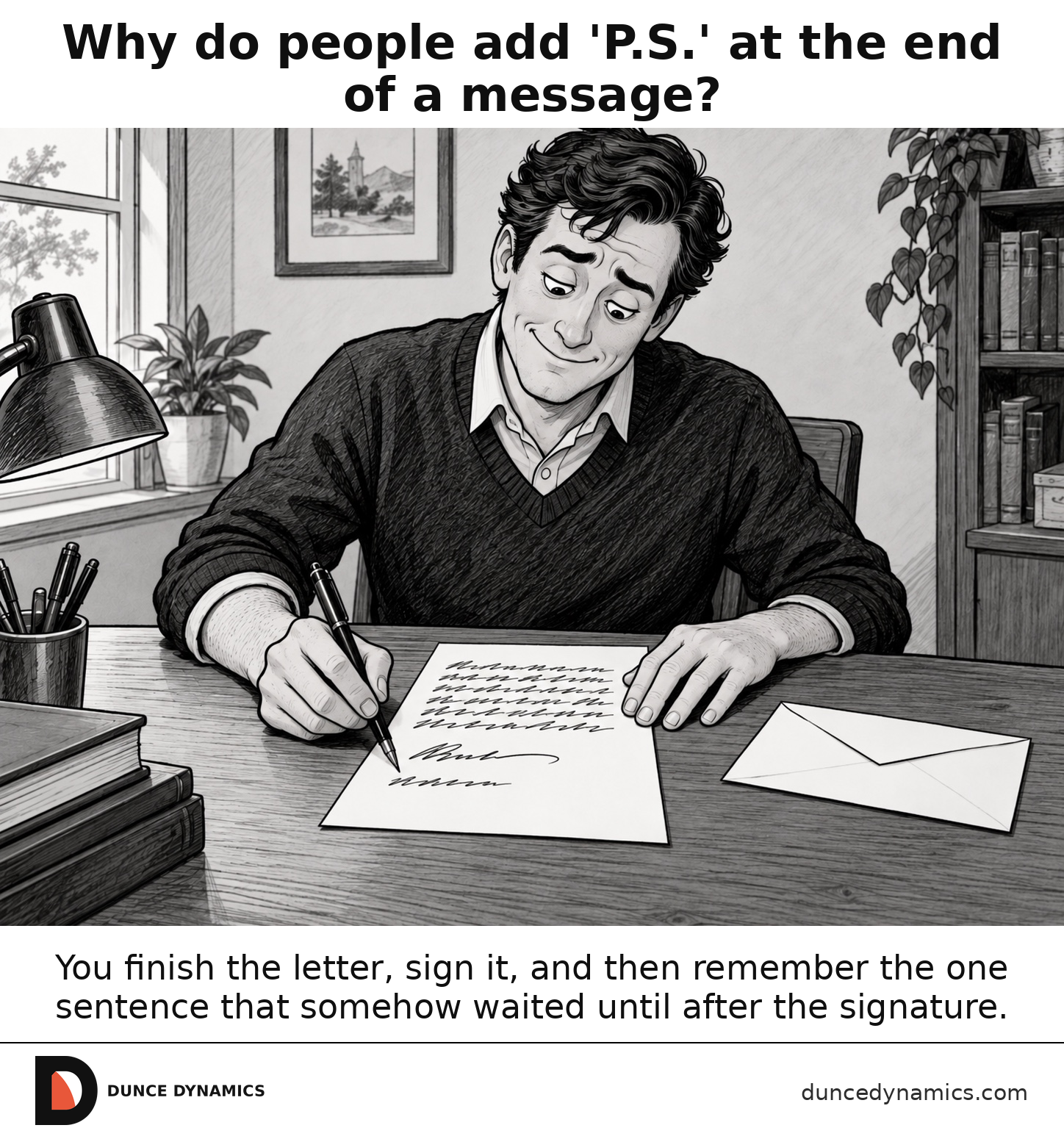 Editorial cartoon of an adult at a desk adding a final handwritten afterthought below the signature on an already finished letter.