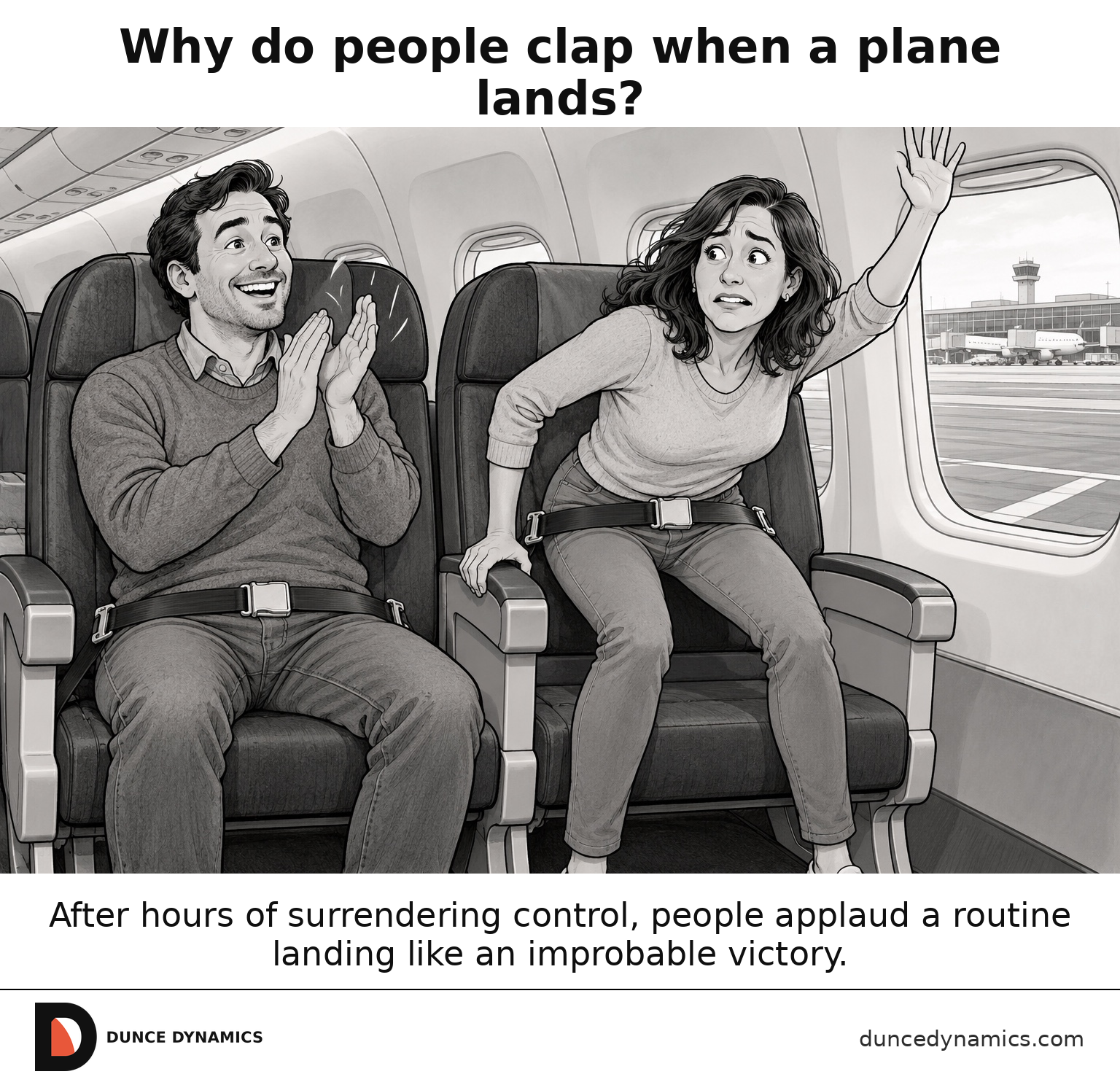 Black-and-white editorial cartoon of an airplane passenger clapping after landing while the seat-belted passenger beside him tries to stand for a standing ovation.