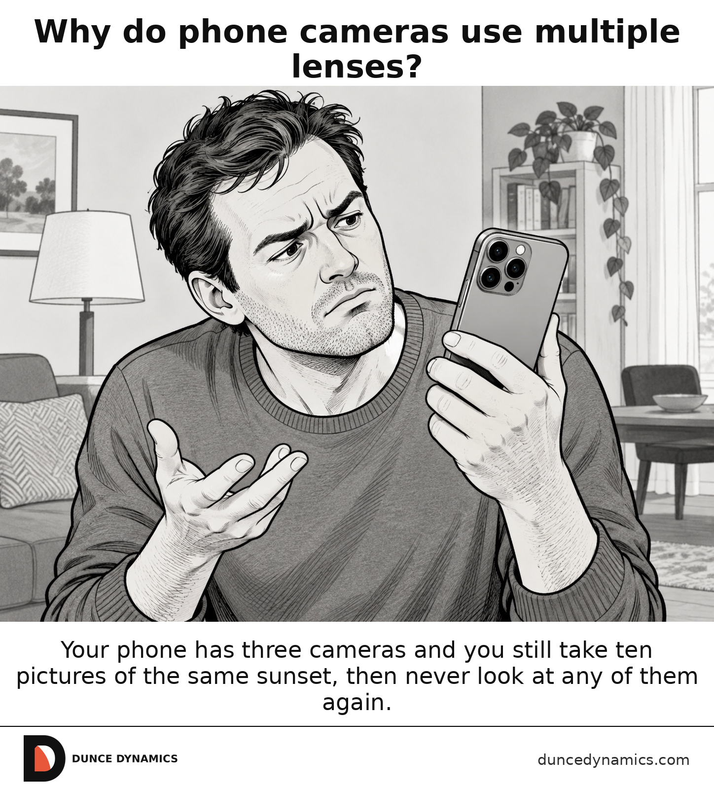Black-and-white editorial cartoon of a man holding a smartphone and scrutinizing its cluster of rear camera lenses, with his free hand raised in a questioning gesture.