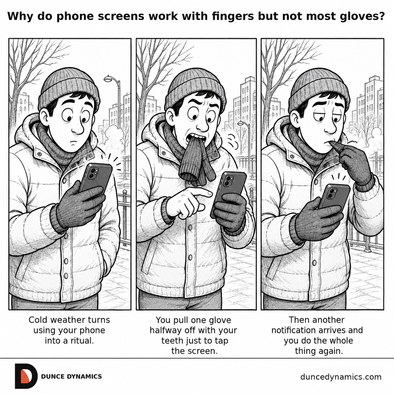 Three-panel black-and-white comic showing a bundled-up phone user in winter repeatedly pulling off one glove with their teeth so a bare finger can tap the touchscreen, only for another notification to arrive.