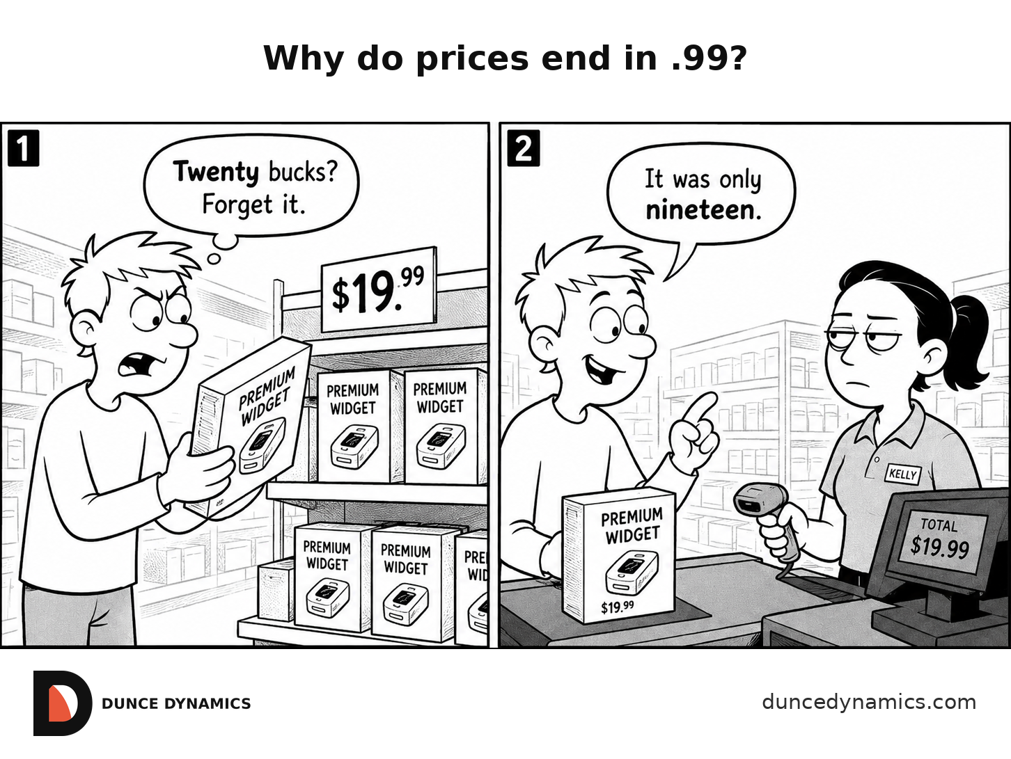 Two-panel black-and-white comic showing the same shopper rejecting a $19.99 item as “twenty bucks” in the aisle, then defending the purchase at checkout as “only nineteen” while the cashier looks unimpressed.