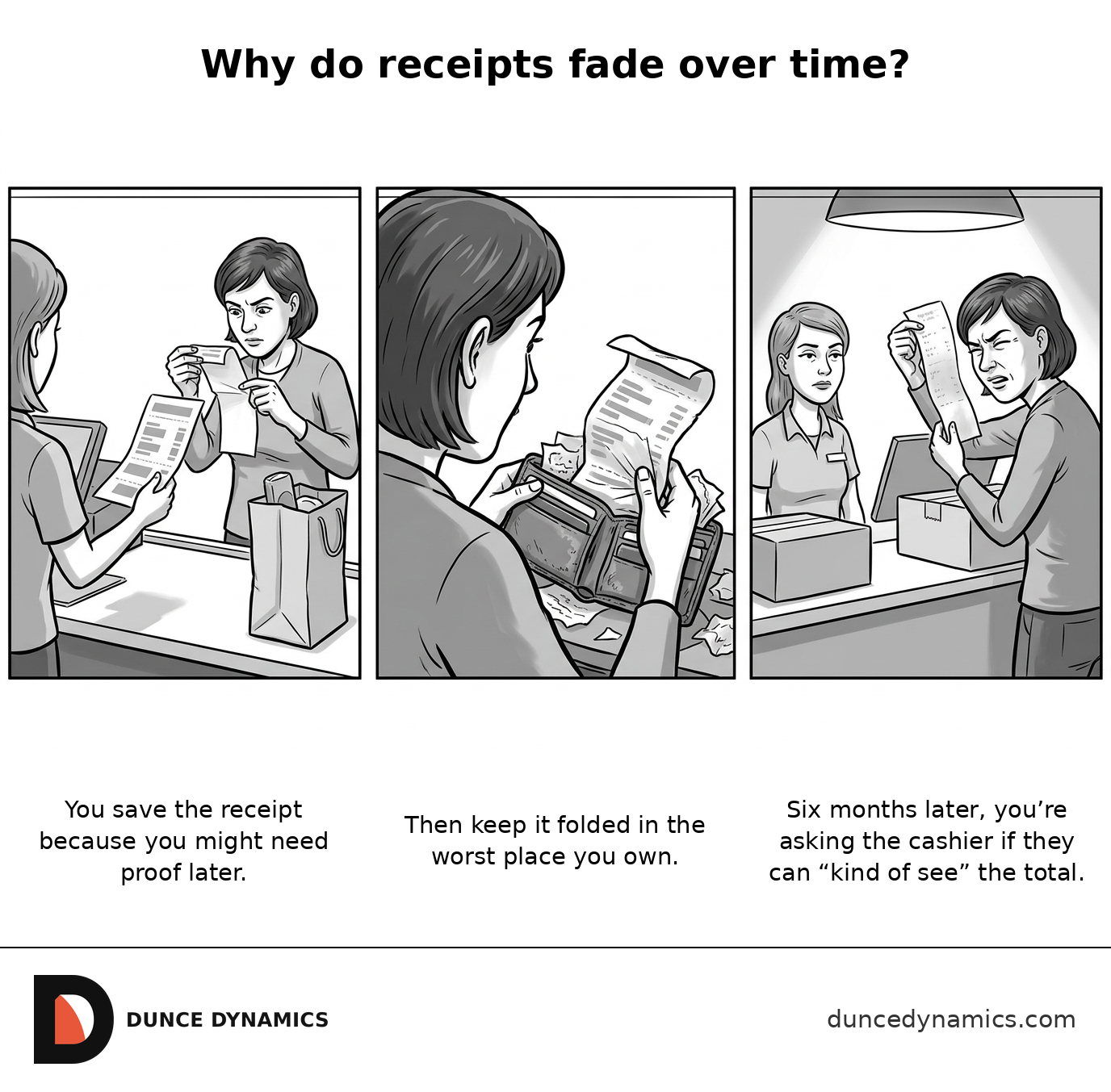 Three-panel grayscale comic showing a shopper saving a receipt, keeping it folded in a wallet, and later holding the faded receipt up at a checkout while asking a cashier to make out the total.