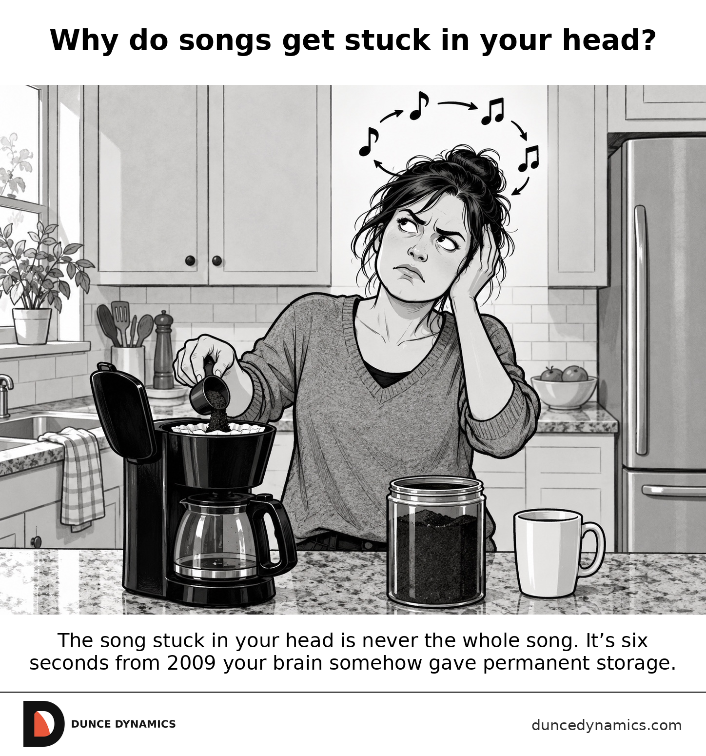Editorial cartoon of an adult making coffee while an irritated expression and looping musical notes above their head show a short song fragment repeating internally.
