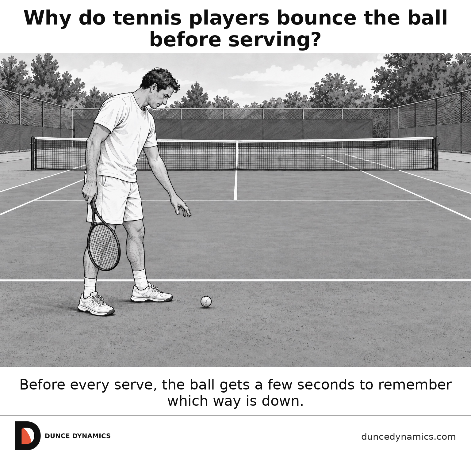 Black-and-white cartoon of a tennis player behind the baseline bouncing a ball before serving on an outdoor court.
