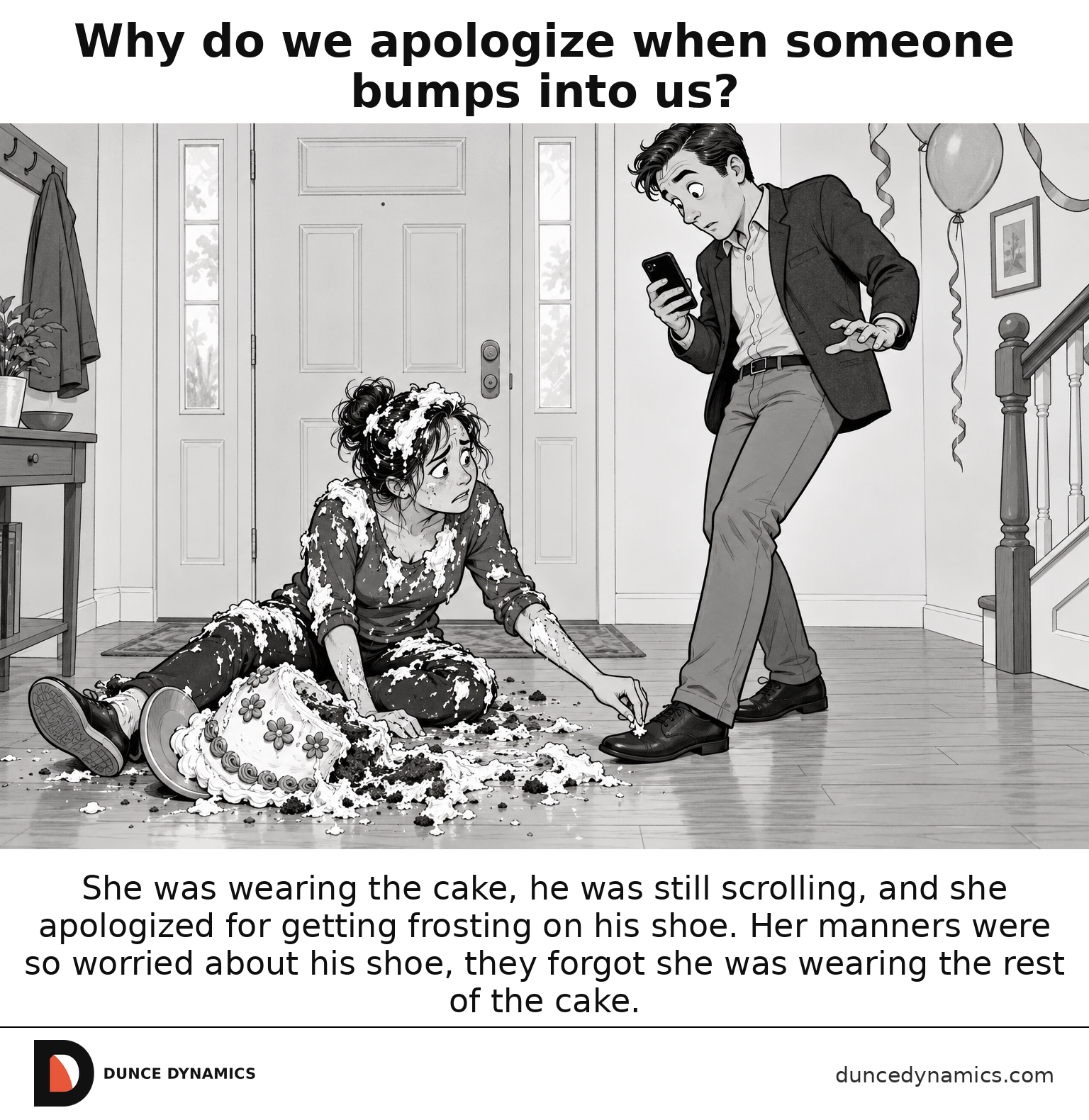 Black-and-white editorial cartoon of a woman covered in a smashed cake apologetically cleaning frosting from an unharmed man's shoe while he checks his phone.