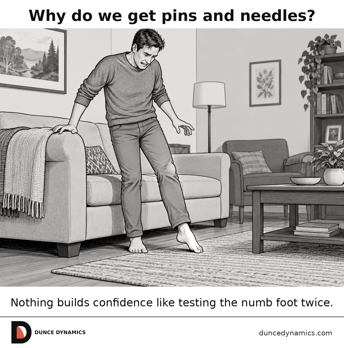 Black-and-white editorial cartoon of a person cautiously testing a numb foot after standing up from a sofa.