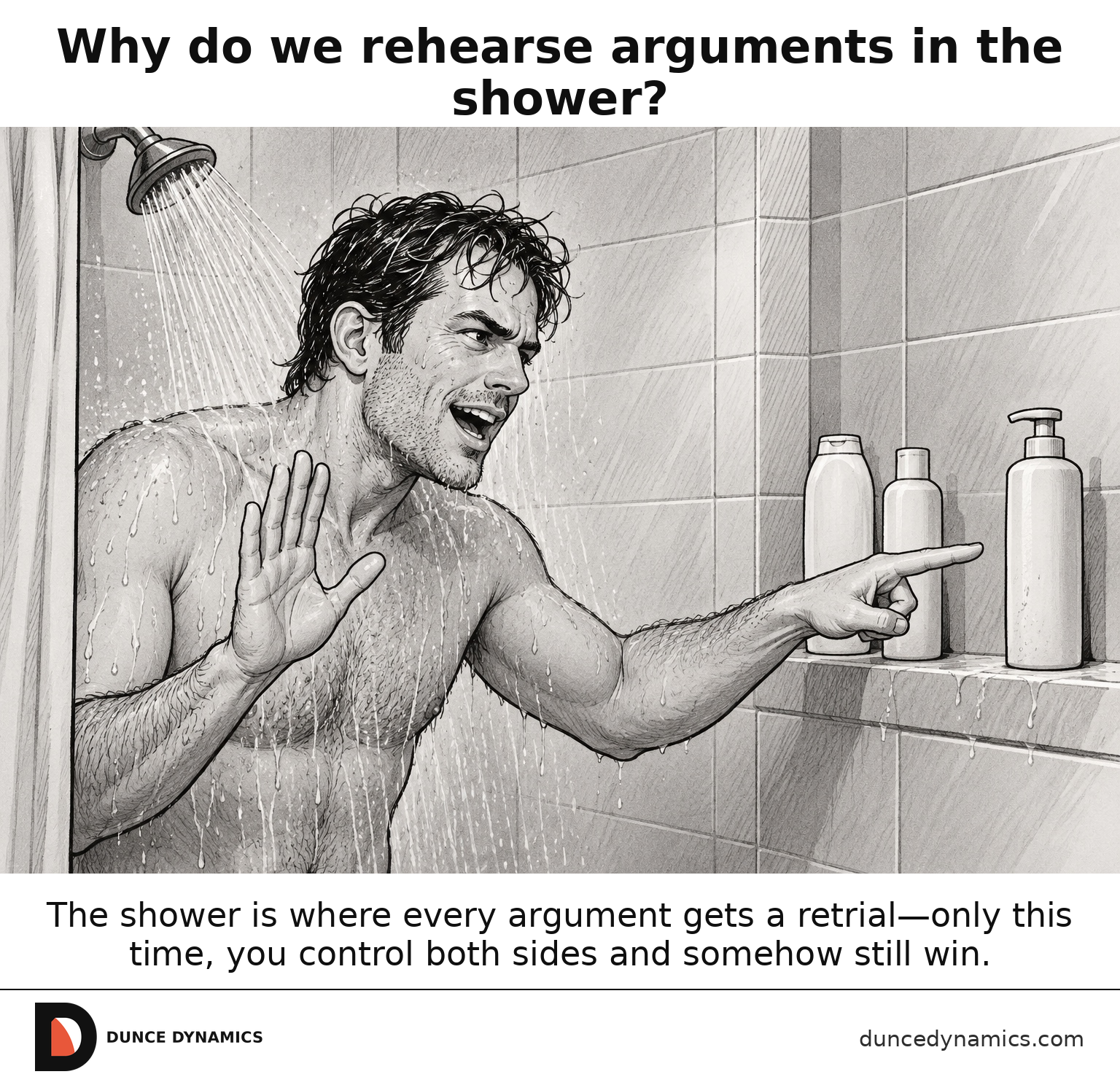 Editorial cartoon of an adult in a running shower emphatically arguing with three unlabeled toiletry bottles lined up on the ledge.