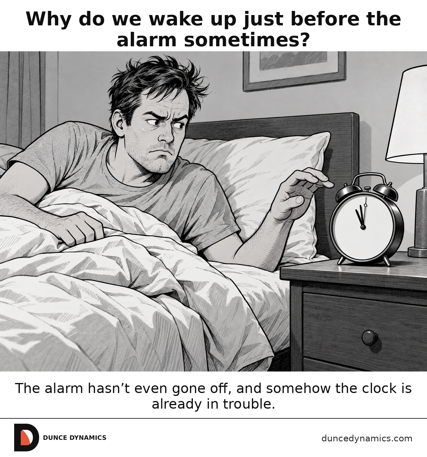Editorial cartoon of an adult awake in bed glaring at a silent analog alarm clock moments before it is due to ring.