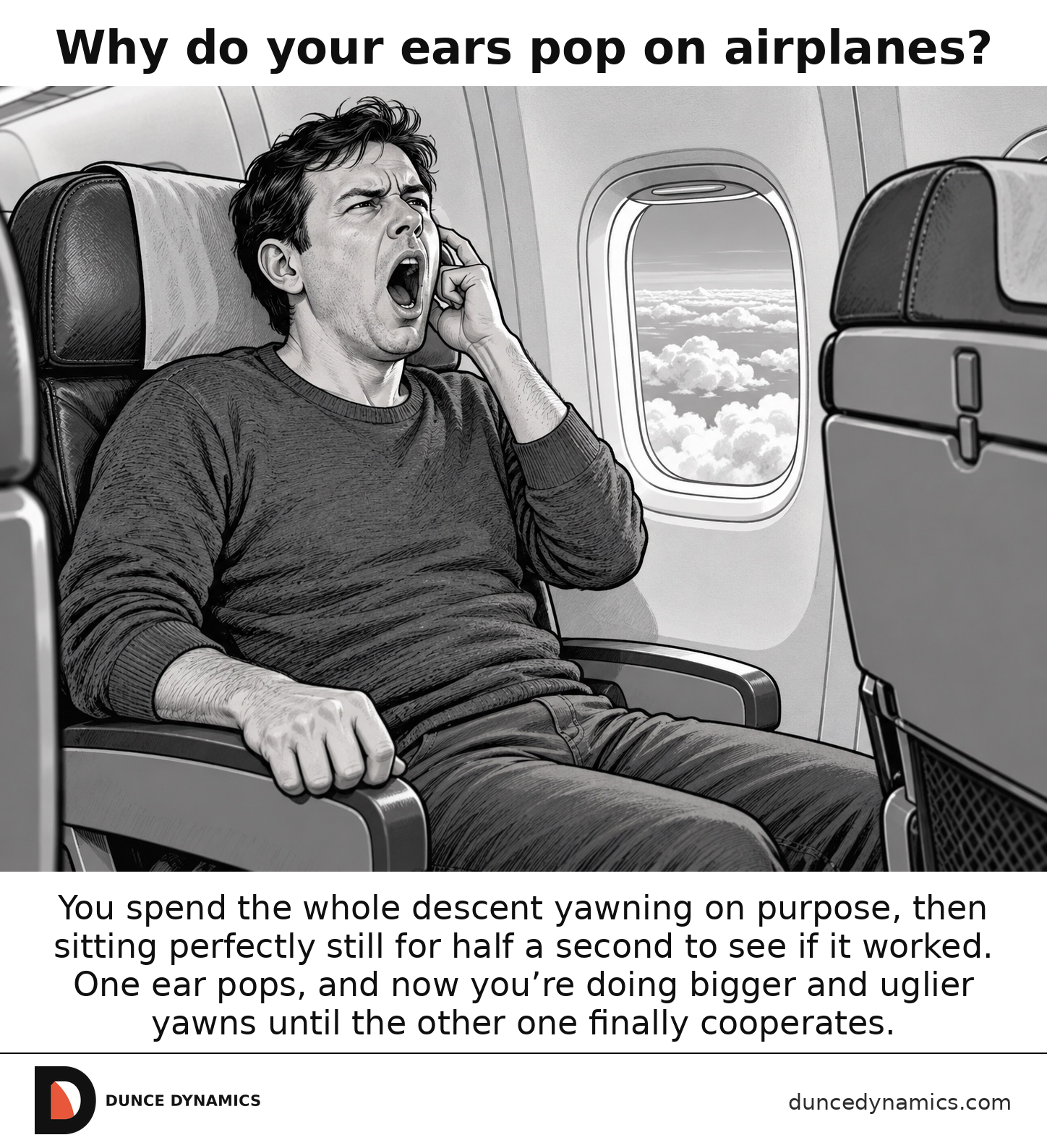Black-and-white editorial cartoon of an airline passenger yawning deliberately while touching one ear beside an airplane window.