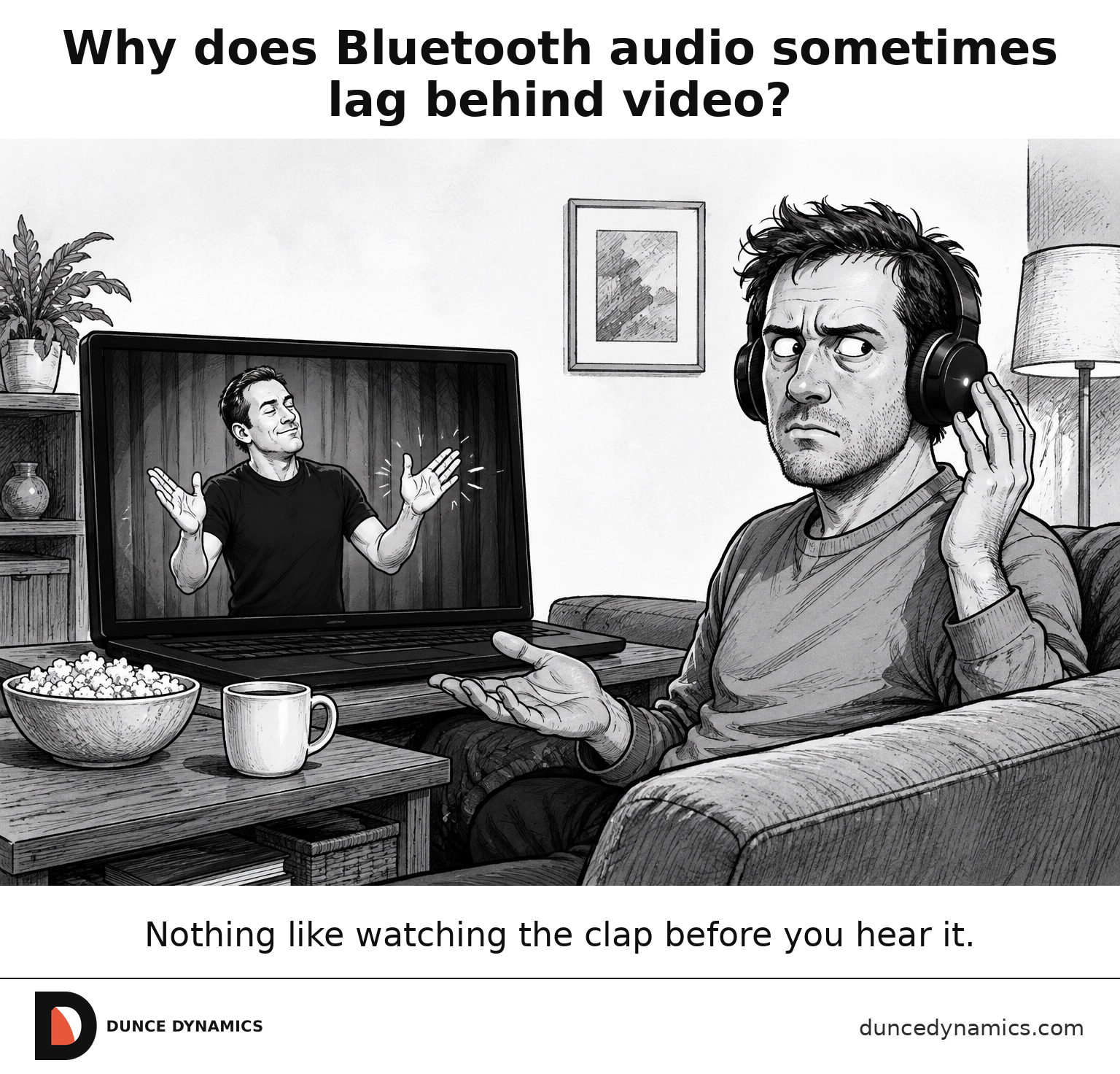 A headphone-wearing viewer reacts to delayed audio while a performer on a laptop screen has already finished clapping.