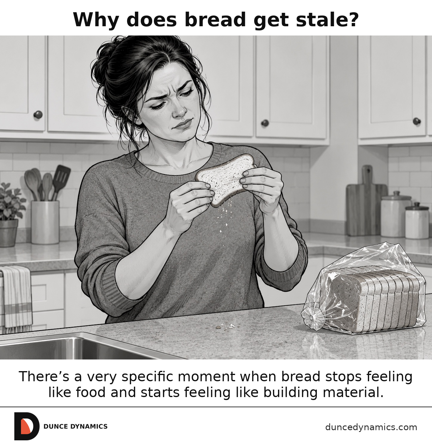 An adult in a kitchen holds a stiff slice of sandwich bread with both hands while crumbs fall from it, with an open bag of sliced bread on the counter.
