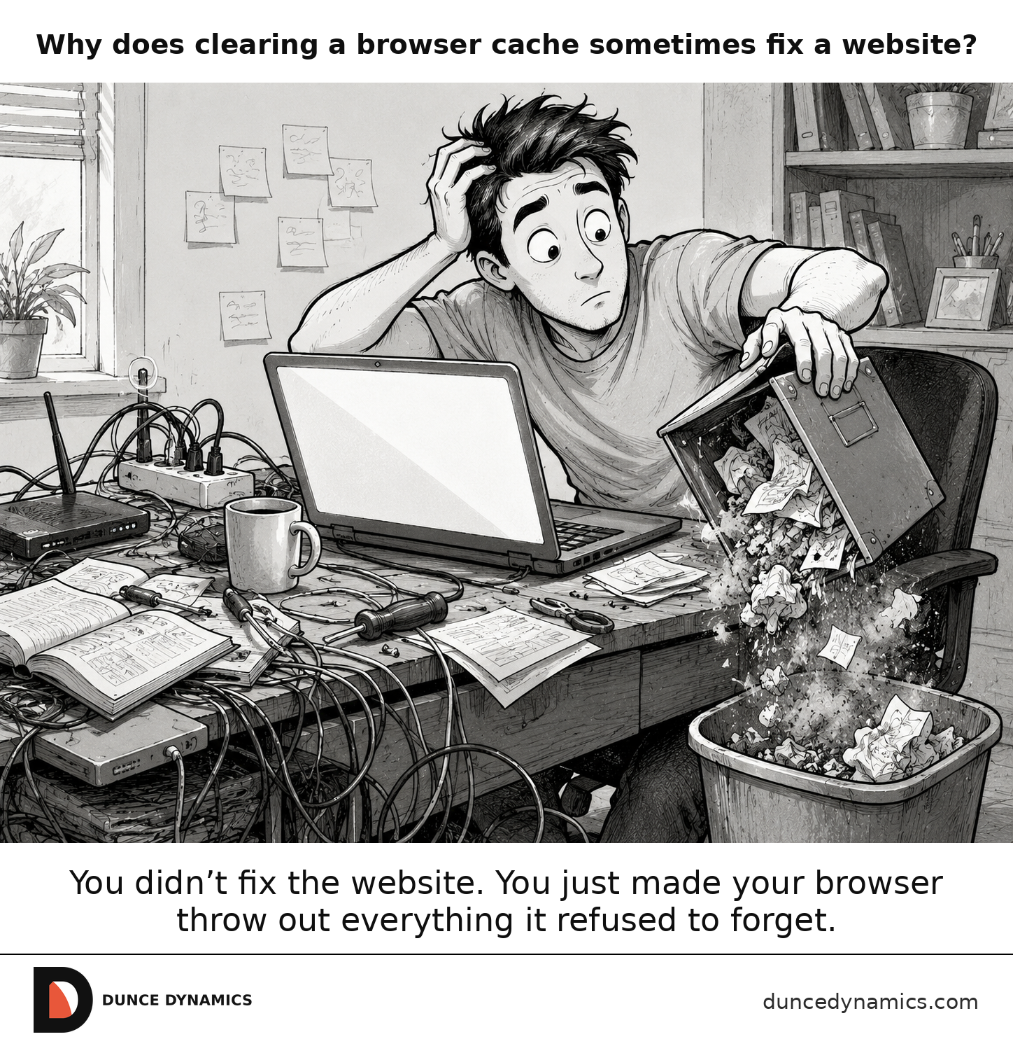 Black-and-white comic of a confused computer user emptying a cluttered cache box into a trash bin beside a laptop.