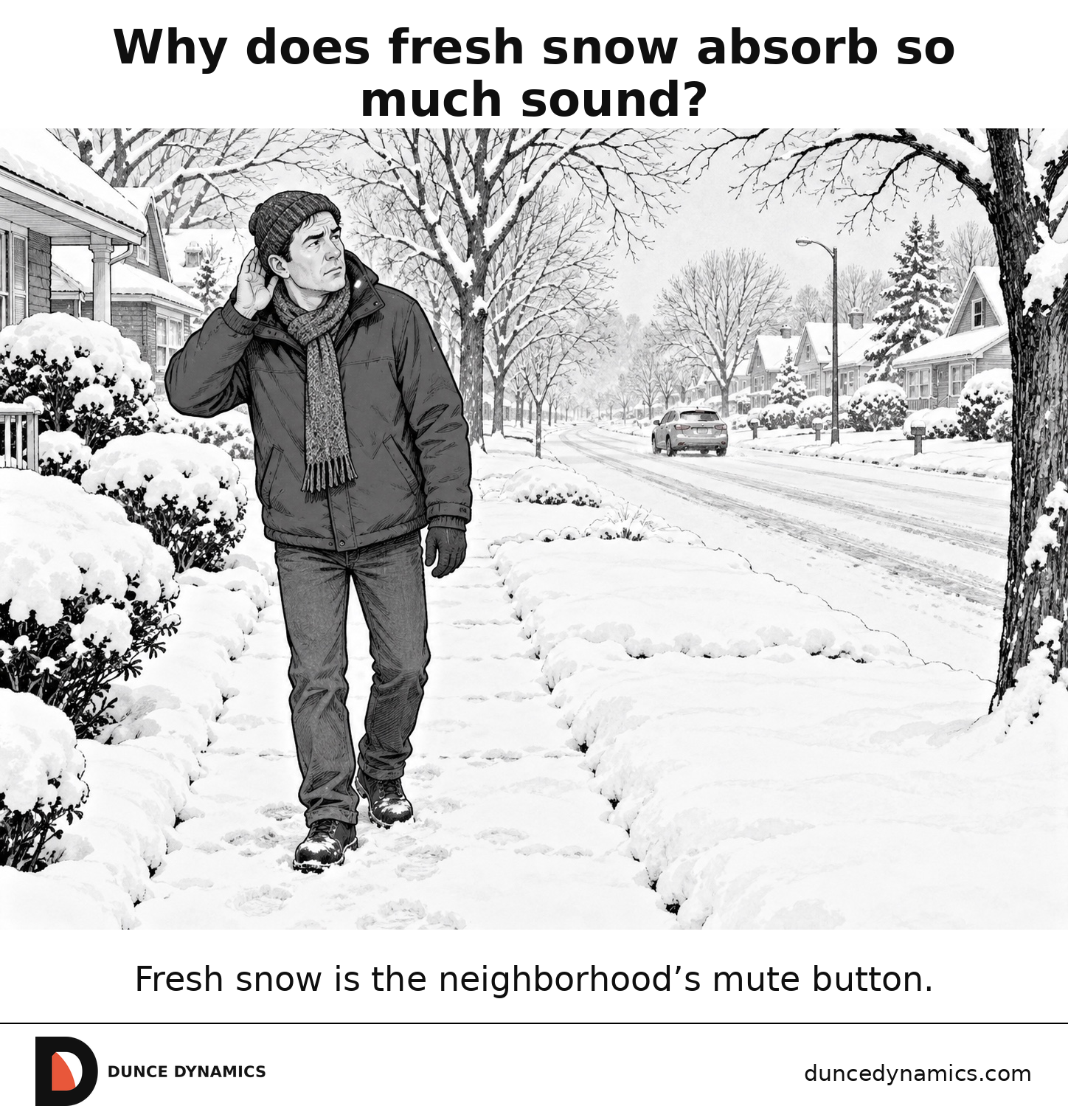 Editorial cartoon of a person listening to an unusually quiet snow-covered residential street after fresh snowfall, with a distant car on the road.