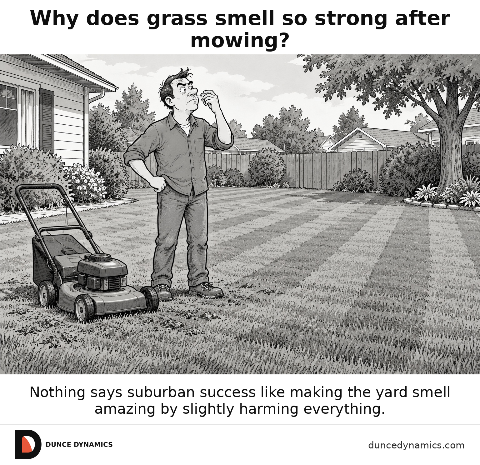 Black-and-white cartoon of a man standing beside a freshly mowed lawn and push mower, sniffing the strong fresh-cut-grass smell.