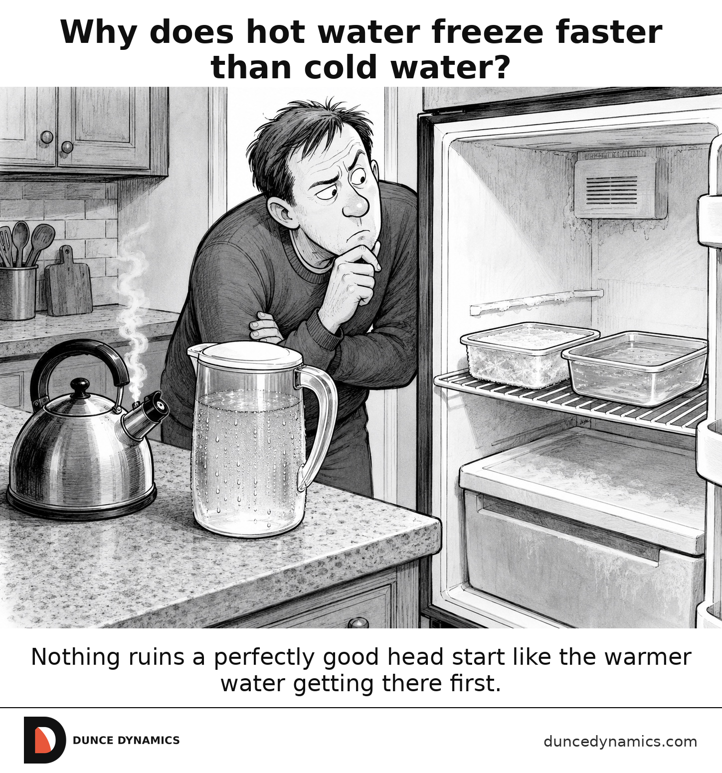 Editorial cartoon of a man in a home kitchen comparing two freezer containers, with the container associated with a steaming kettle more frozen than the one associated with a chilled water pitcher.