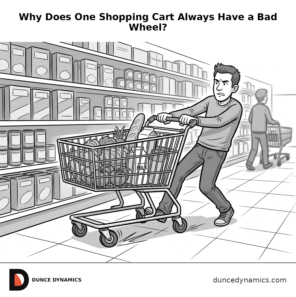 Comic of a shopper bracing against a grocery cart that pulls sideways because one front caster is twisted and skidding while another shopper passes normally in the aisle.