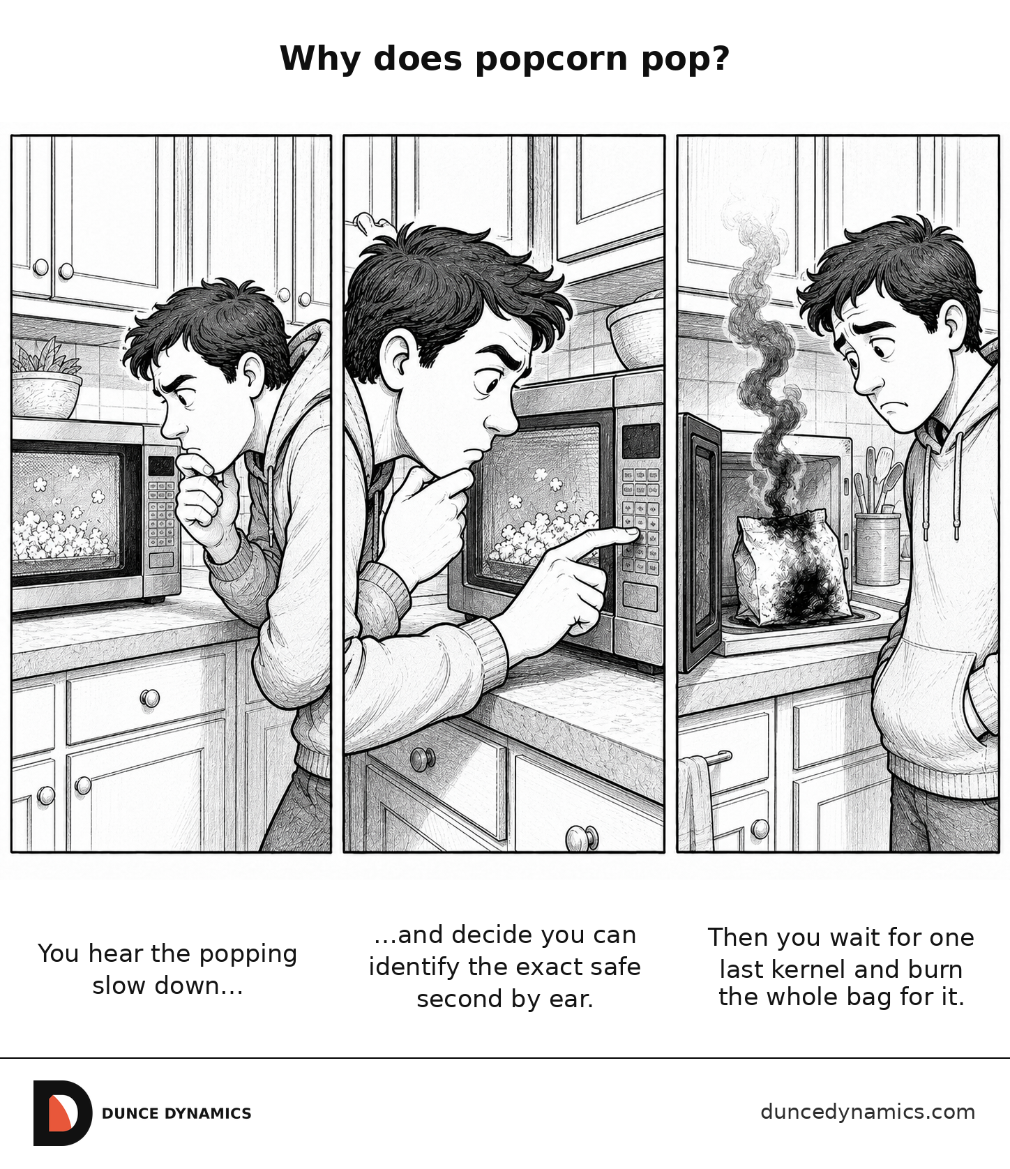 Three-panel black-and-white comic showing a person listening closely to popcorn in a microwave, hovering over the controls as the popping slows, then staring at a smoking burned bag after waiting too long.