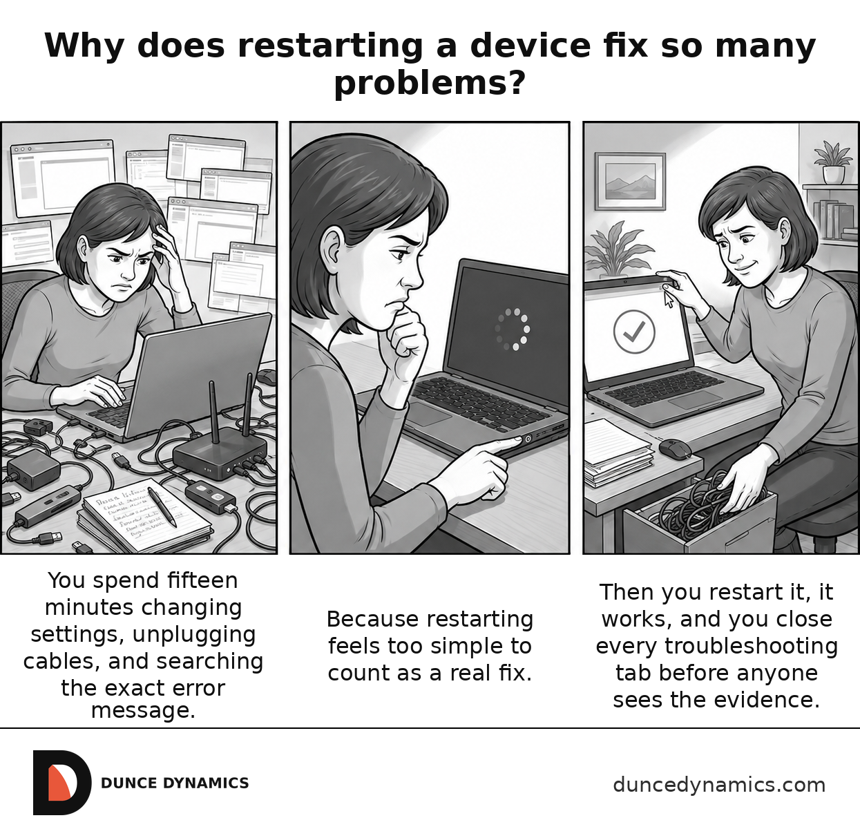Three-panel grayscale comic about computer troubleshooting. In panel one, a frustrated person sits at a cluttered desk with cables and many troubleshooting windows. In panel two, they skeptically press restart on the laptop. In panel three, the computer works again, and they sheepishly hide the evidence of all the unnecessary troubleshooting.