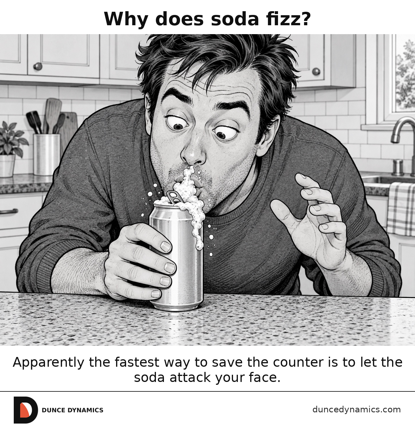 Black-and-white editorial cartoon of a person leaning over a freshly opened soda can as foam sprays toward their face.