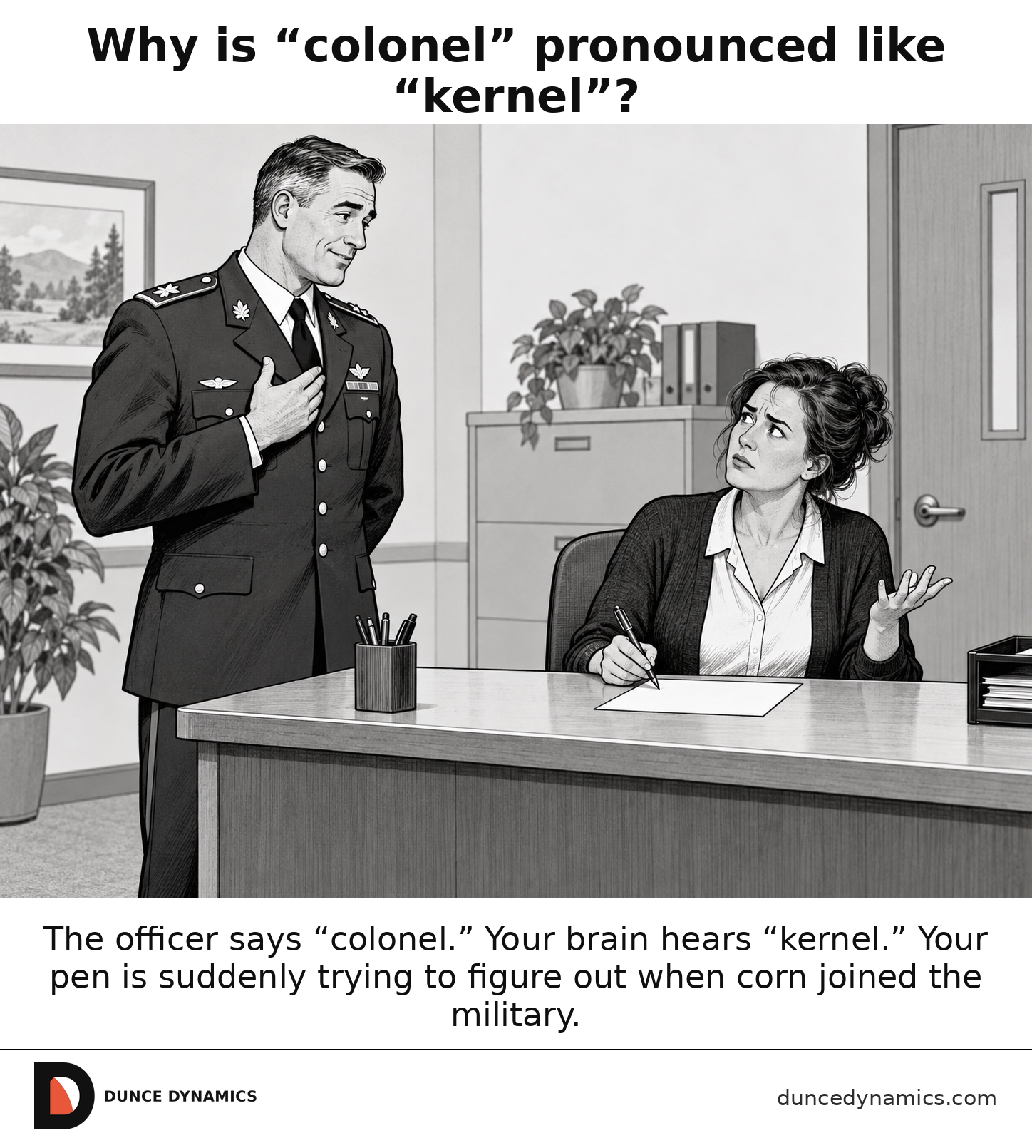 Editorial cartoon of a military colonel introducing himself beside an administrative desk while a seated adult hesitates with a pen over a blank form, visibly confused about how to write the rank.
