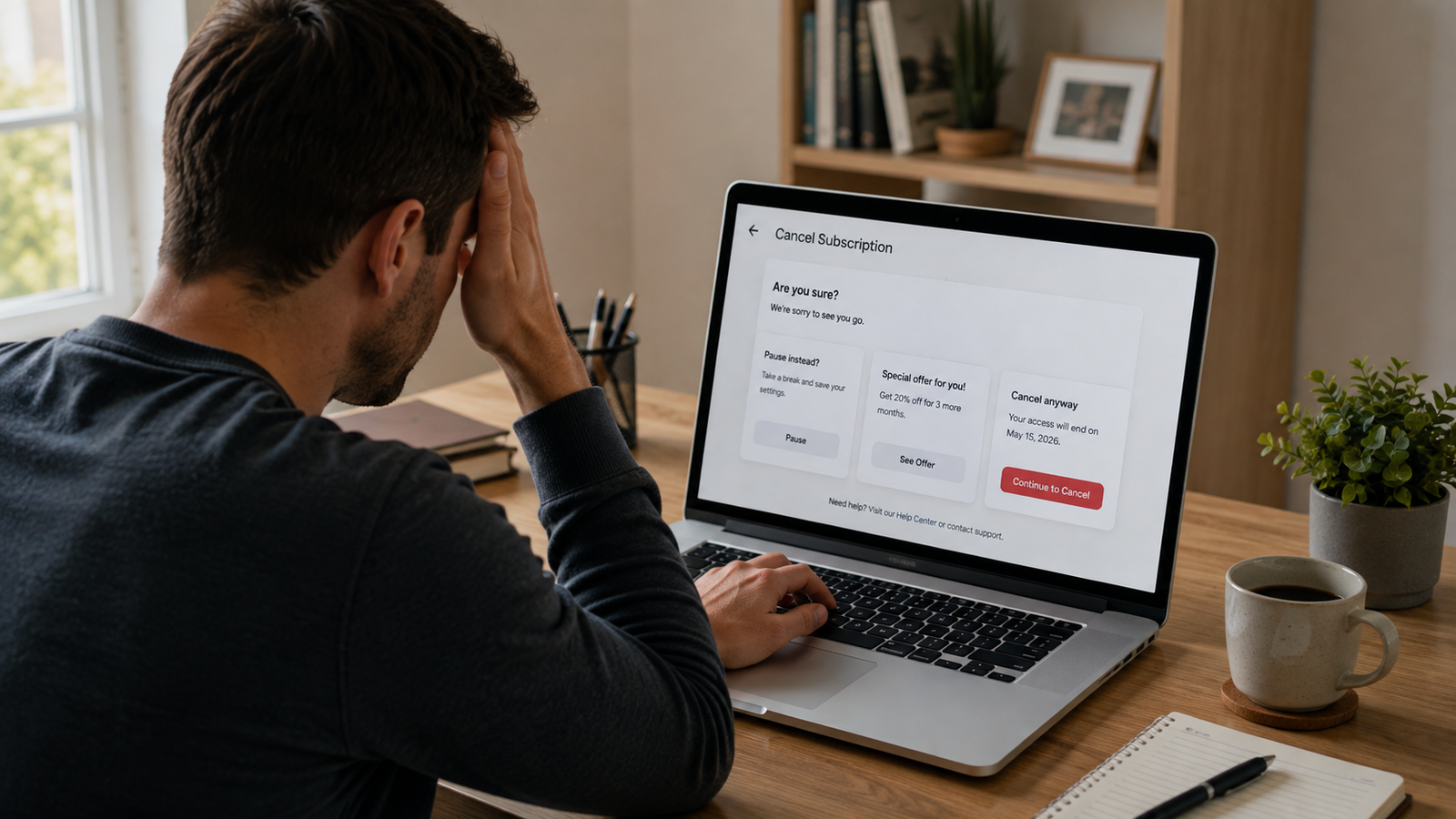 A frustrated man sits at a laptop with his right hand on his forehead and his left hand on the keyboard while a generic subscription-cancellation page presents several options before cancellation.