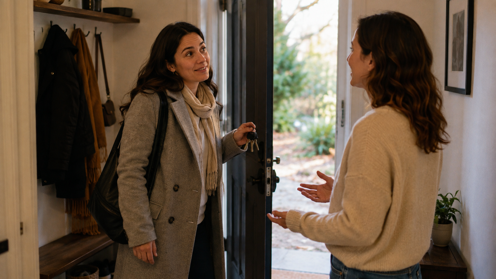 Two women continue talking at an open front door while one is already wearing her coat, carrying a bag and holding her keys to leave.
