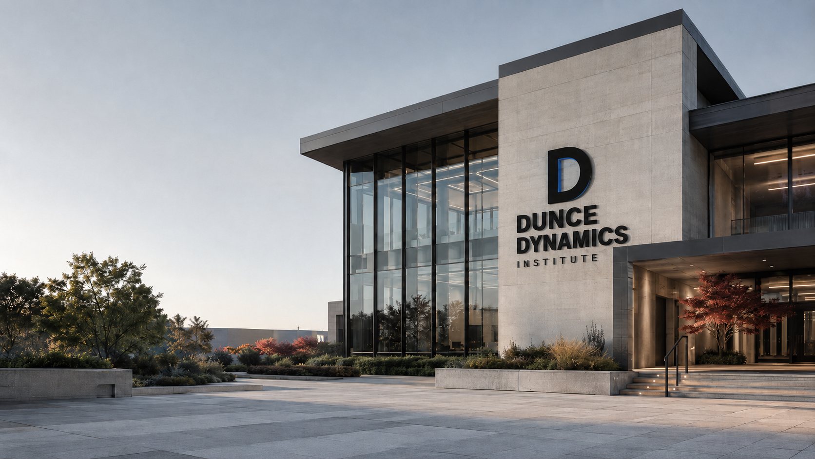 Conceptual exterior of the Dunce Dynamics Institute headquarters, with glass and stone architecture and blue-accented entrance signage.