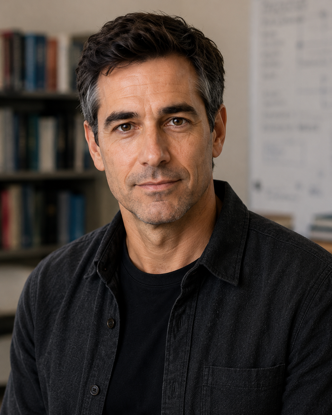 Portrait of the Dunce Dynamics Institute Lead Scientist, a clean-shaven man with dark brown hair greying at the temples, in contemporary smart-casual dress.